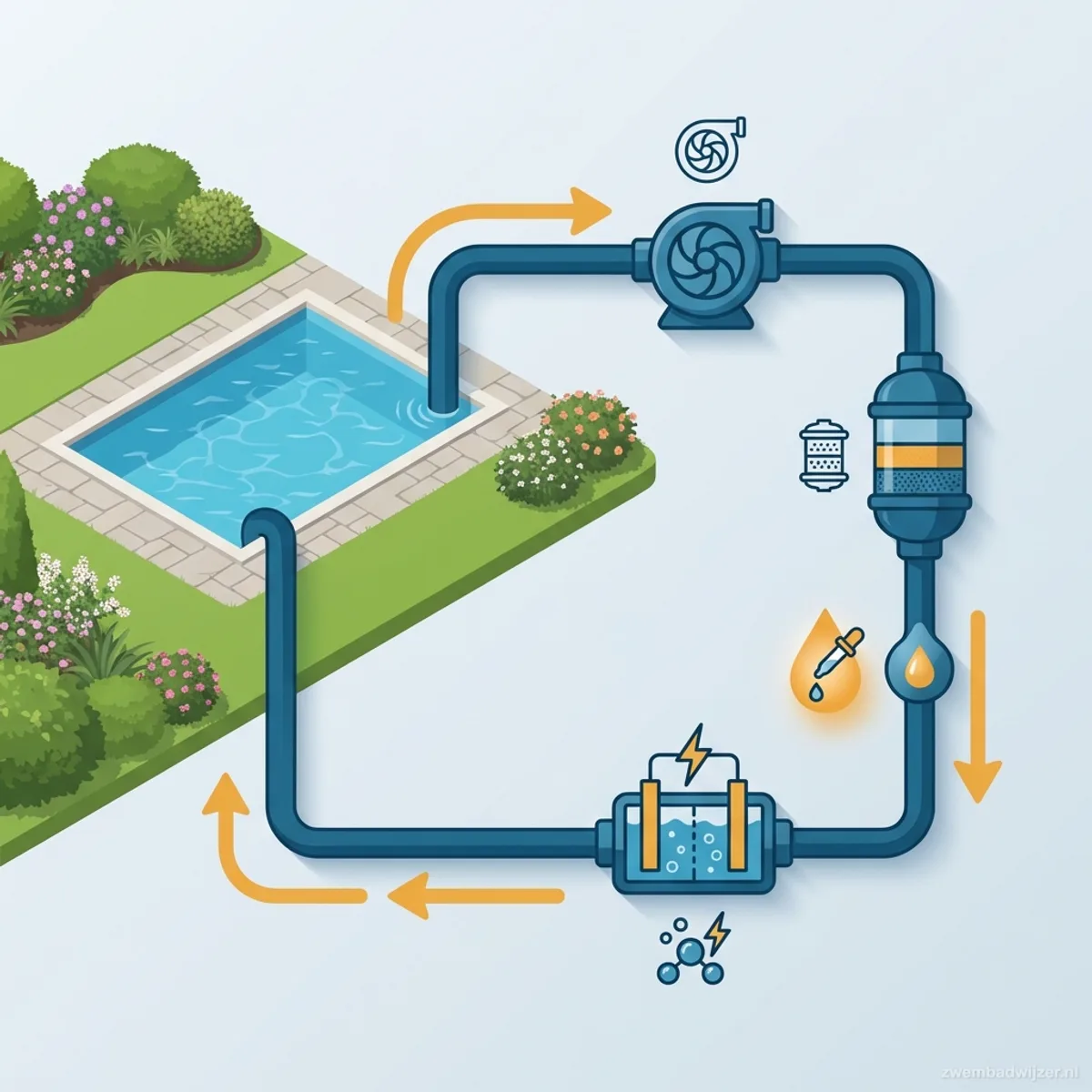 Schematic overview of water treatment flow with dosing pump and electrolysis cell