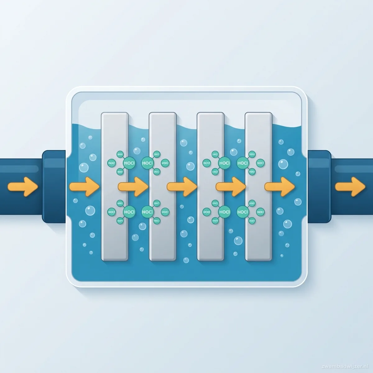 Cross-section of an electrolysis cell showing titanium plates and water flow direction