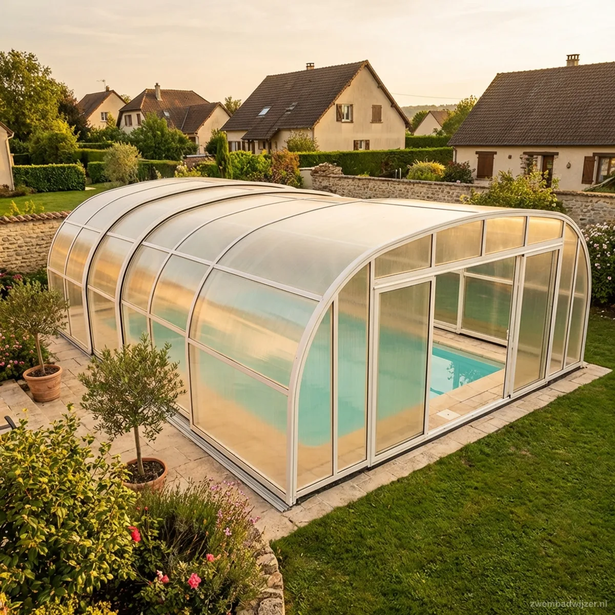 High walk-in pool enclosure with polycarbonate panels and white aluminum frame over an in-ground pool
