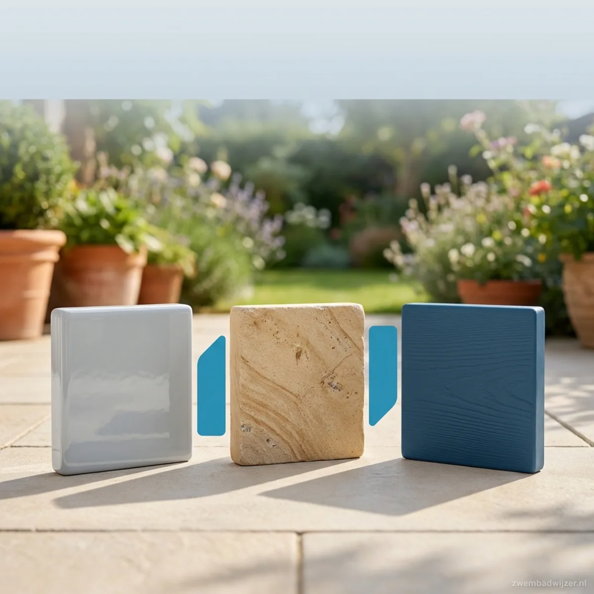 Illustratie drie tegelmaterialen naast elkaar porselein natuursteen composiet