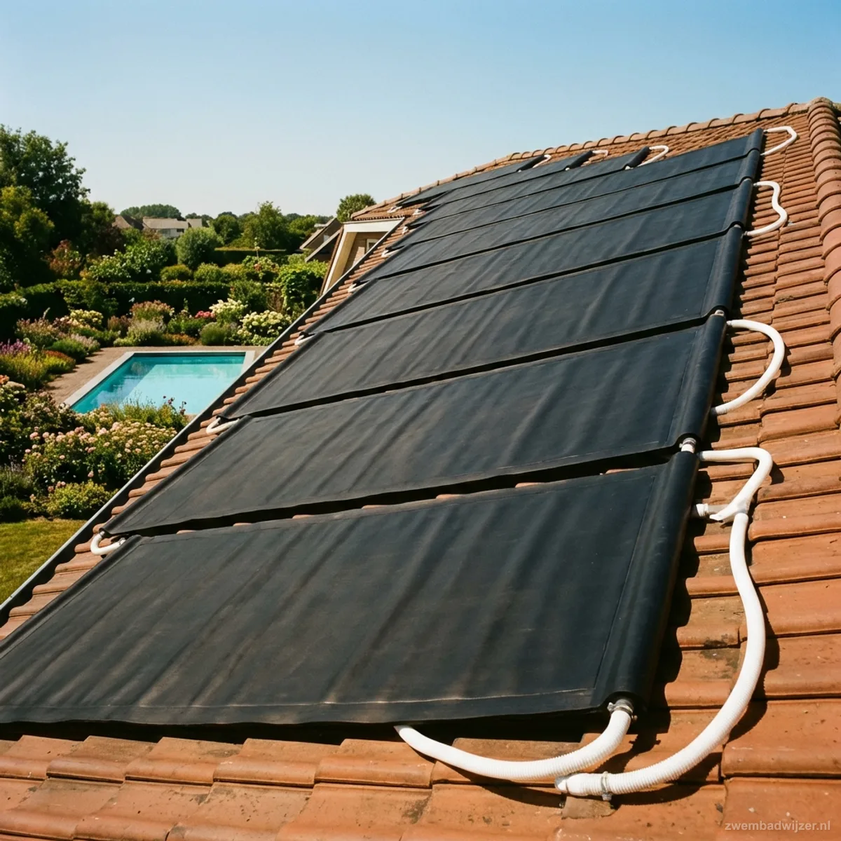 Black EPDM rubber solar heating mats on a pitched roof with white hoses leading to a swimming pool
