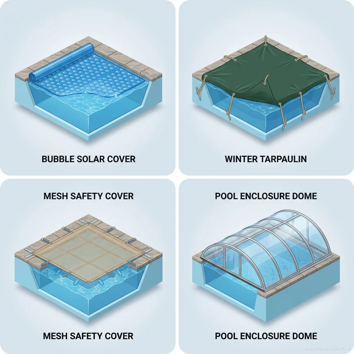 Four pool cover types compared: solar cover, winter tarp, safety cover and pool enclosure