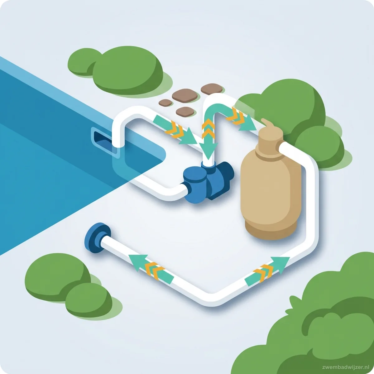 Illustratie van de circulatielus: skimmer, pomp, zandfilter en retourstraal