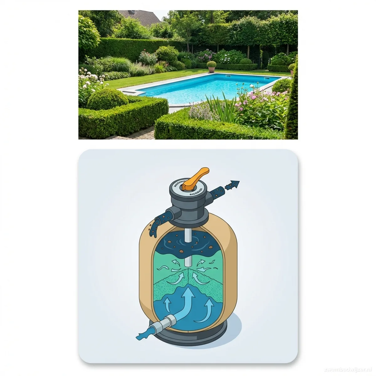 Doorsnede-illustratie van een zandfilter tijdens het terugspoelen met water dat omgekeerd door het zand stroomt