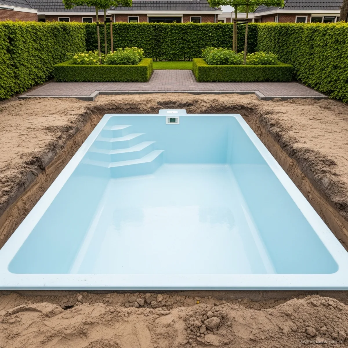 Freshly installed fibreglass pool shell in excavation before first fill