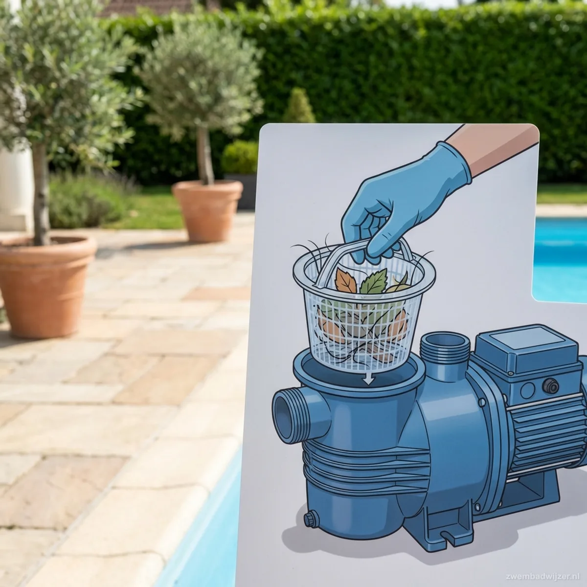 Strainer basket van een filterpomp wordt geleegd