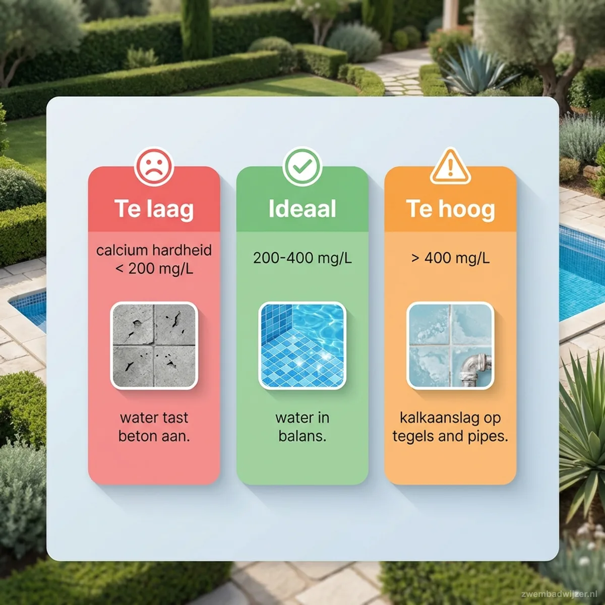 Infographic: ideale calciumhardheid en gevolgen van te lage of te hoge waarden