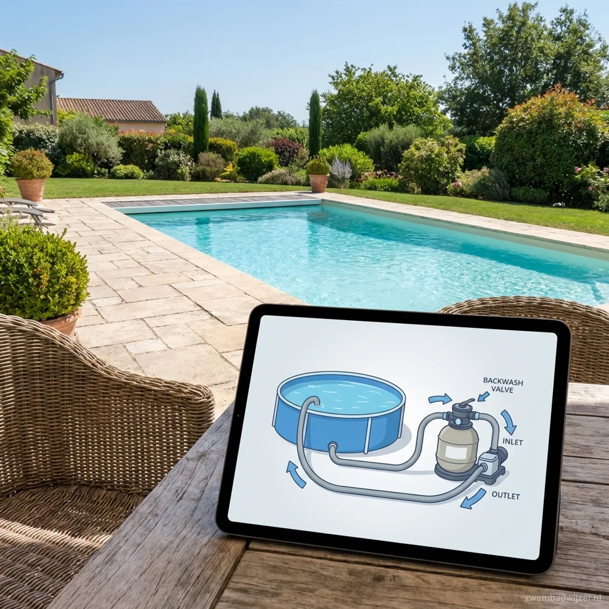 Schema van een opzetzwembad aangesloten op een zandfilterpomp met waterstroomrichting