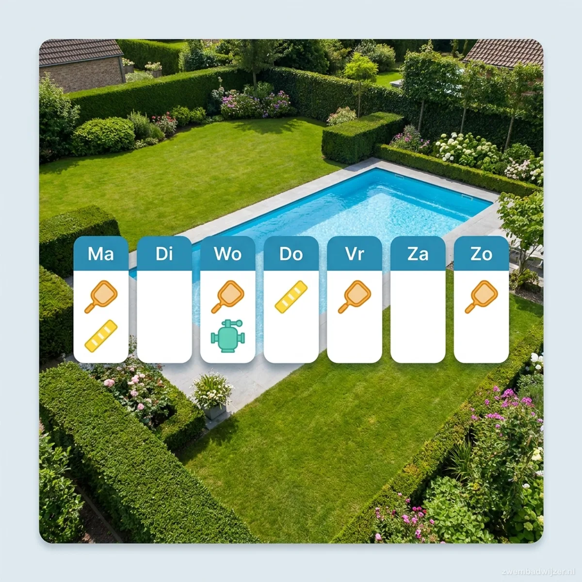 Wekelijks schema voor zwembad onderhoud met dagelijkse taken