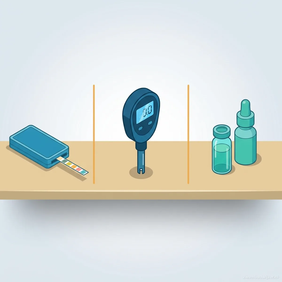 Vergelijkende illustratie van teststrip, digitale pH-meter en DPD druppeltest voor zwembadwater
