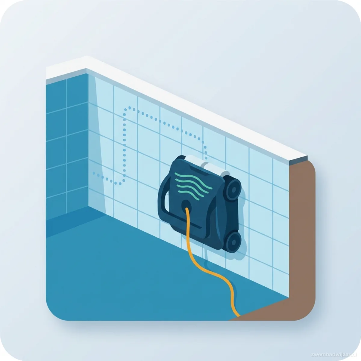 Illustratie van een slimme bekabelde zwembadrobot met navigatiesensoren die de wand van een zwembad beklimt