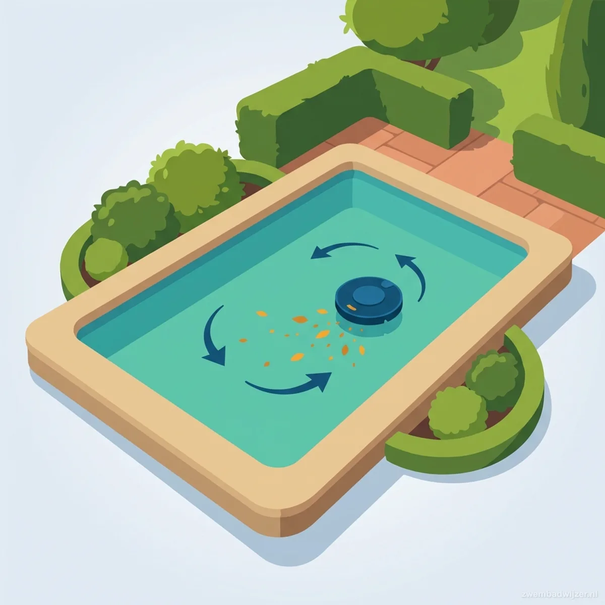 Illustratie van een premium zwembadrobot die het wateroppervlak van een zwembad skimmt en reinigt