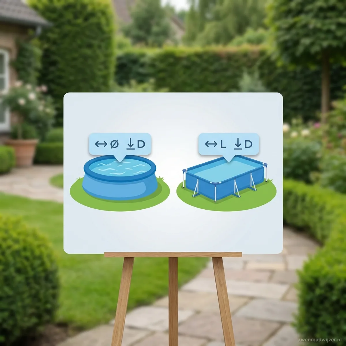 Vergelijking rond Intex zwembad en rechthoekig Bestway zwembad met maataanduidingen