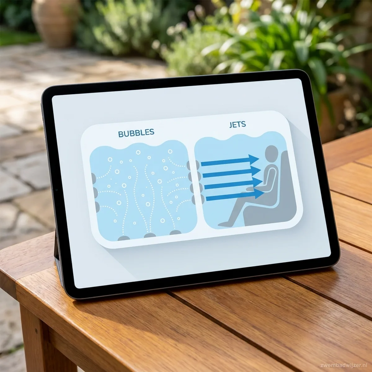 Doorsnede-vergelijking tussen lucht-bubbles en hydromassage-jets in een Intex PureSpa jacuzzi.