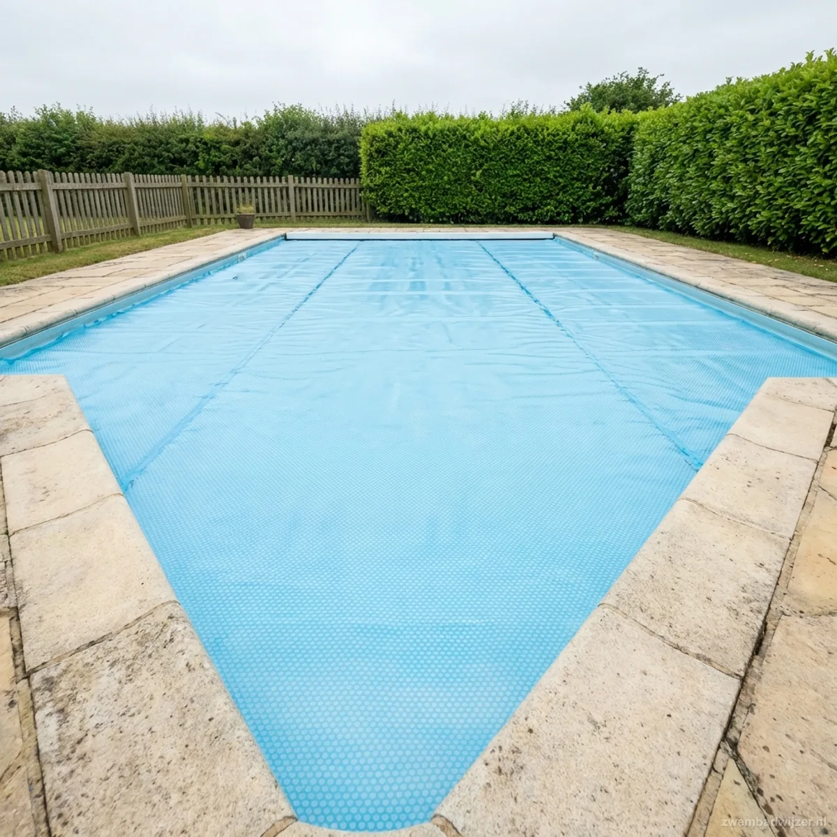 Rechthoekig zwembad volledig bedekt met een lichtblauw solar noppenfolie afdekzeil
