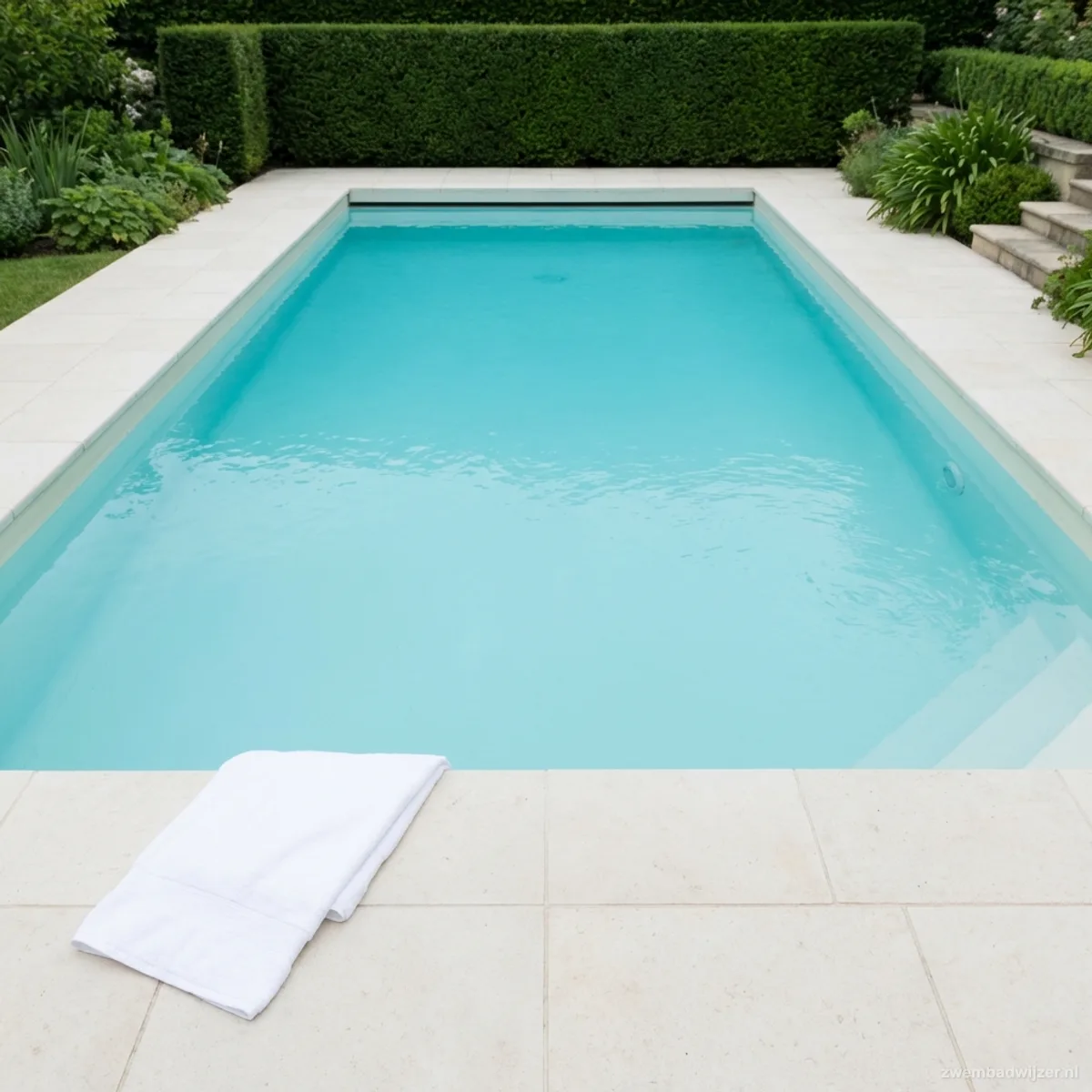 Ingebouwd zwembad met turquoise water omgeven door crème-kleurige stenen rand in een residentiële tuin