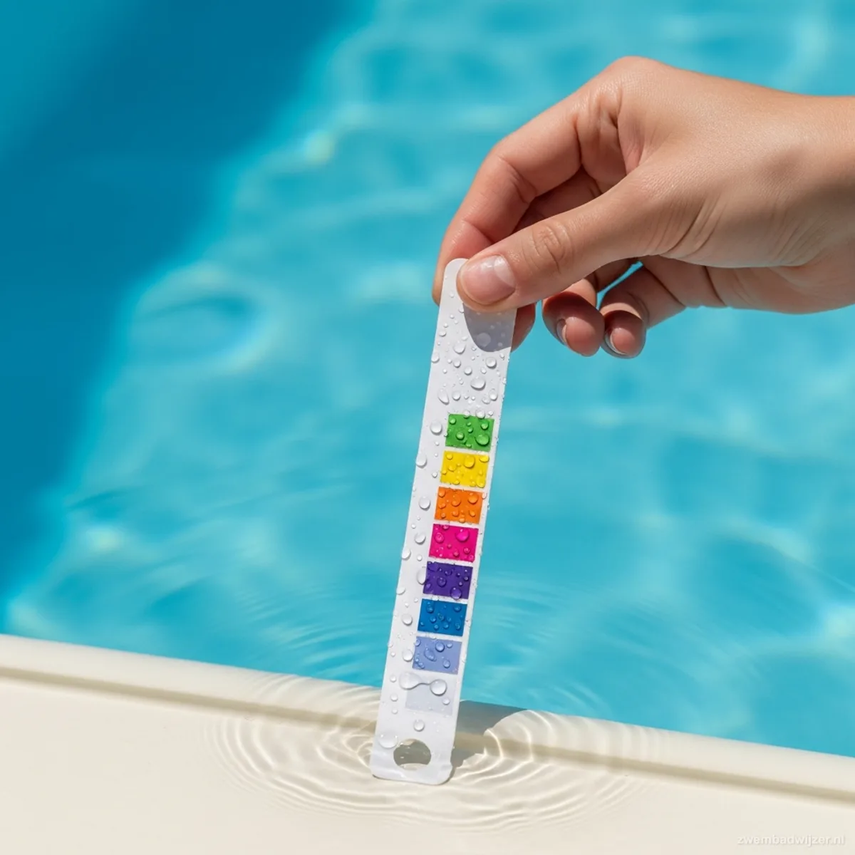 Test strip being dipped into pool water to measure alkalinity