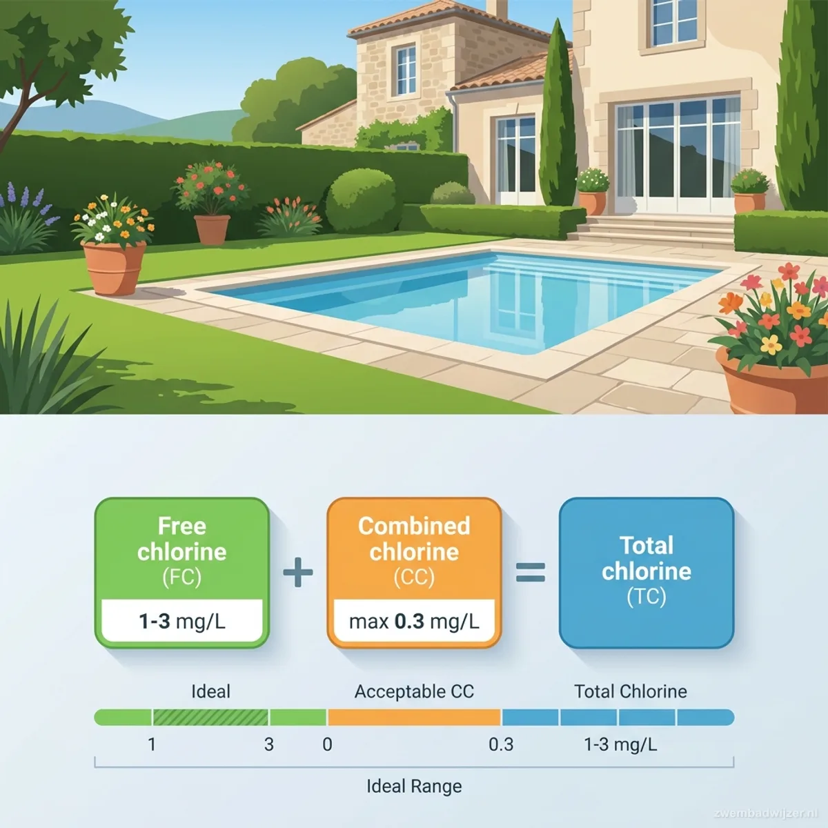 Infographic showing the formula: free chlorine plus combined chlorine equals total chlorine