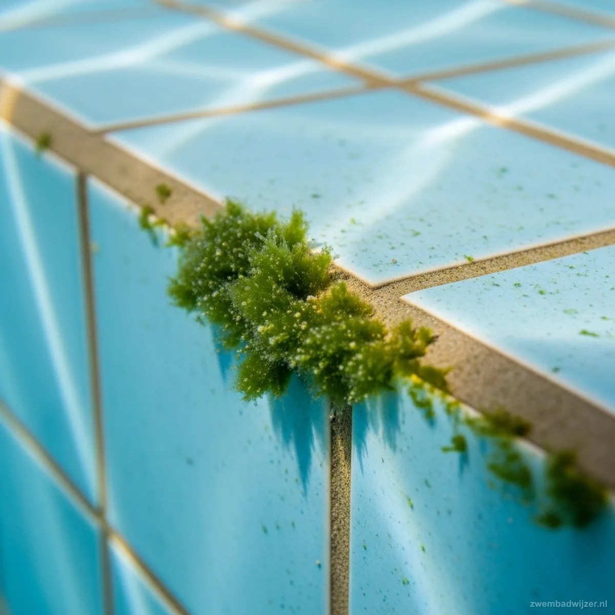 Close-up van groene algen op zwembadtegels onder water