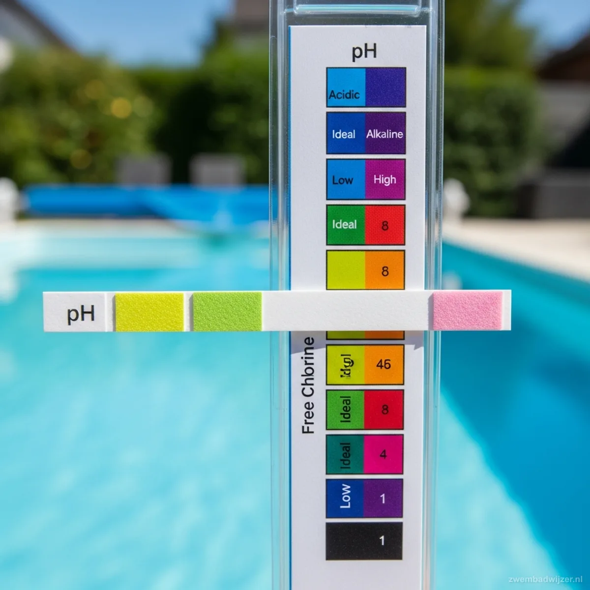 pH-teststrip vergelijking met kleurenkaart naast zwembadwater