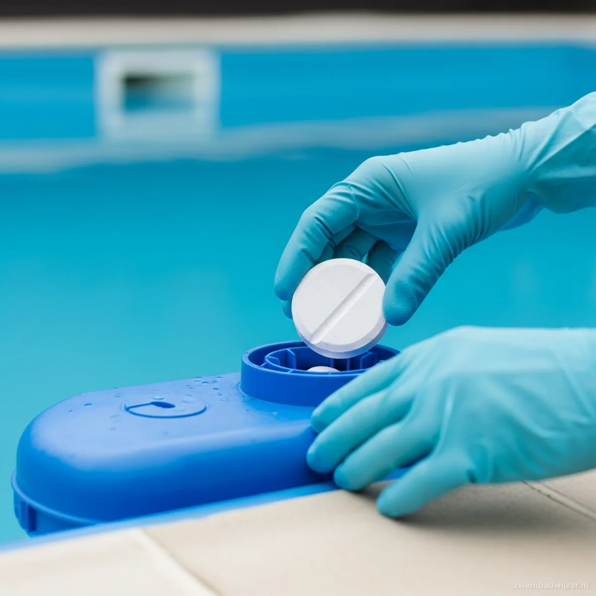 Chlorine tablet being placed into a floating dispenser