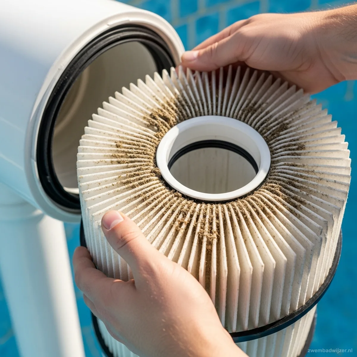 Vuil cartridgefilter wordt uit de filterbehuizing gehaald