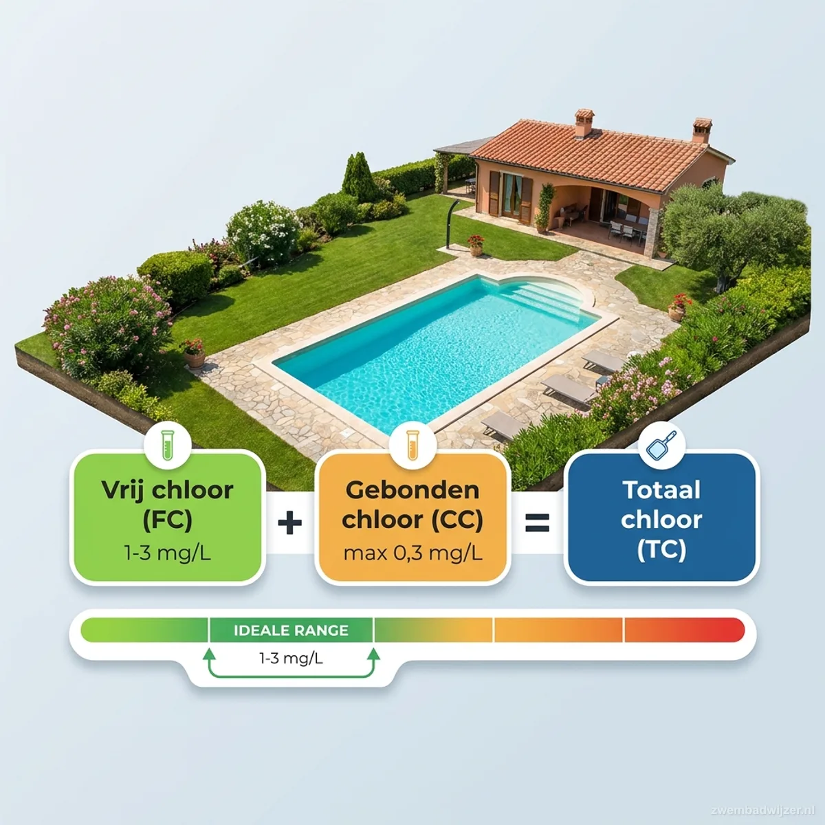 Infographic met de formule: vrij chloor plus gebonden chloor is totaal chloor