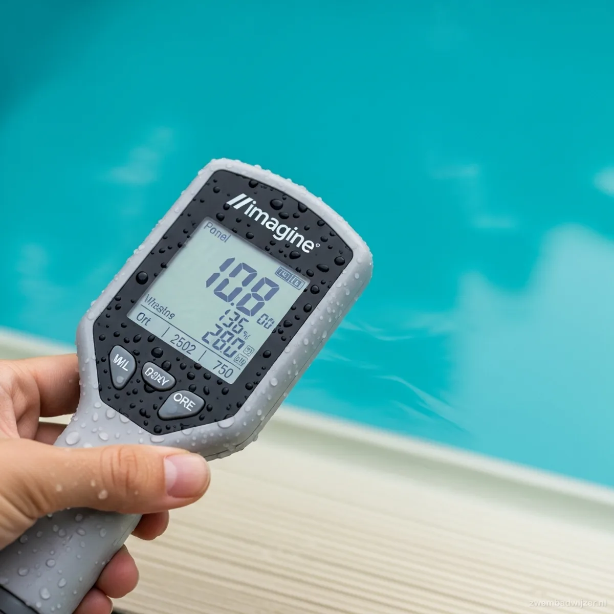 Digitale watertester toont meetwaarden in het zwembadwater
