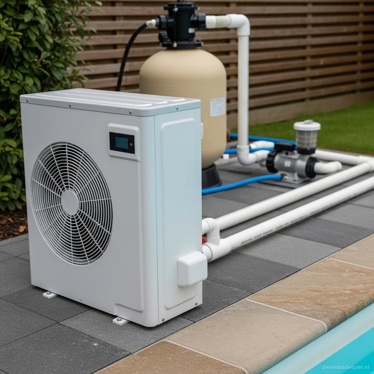 Grijze warmtepomp voor zwembadverwarming naast het zwembad
