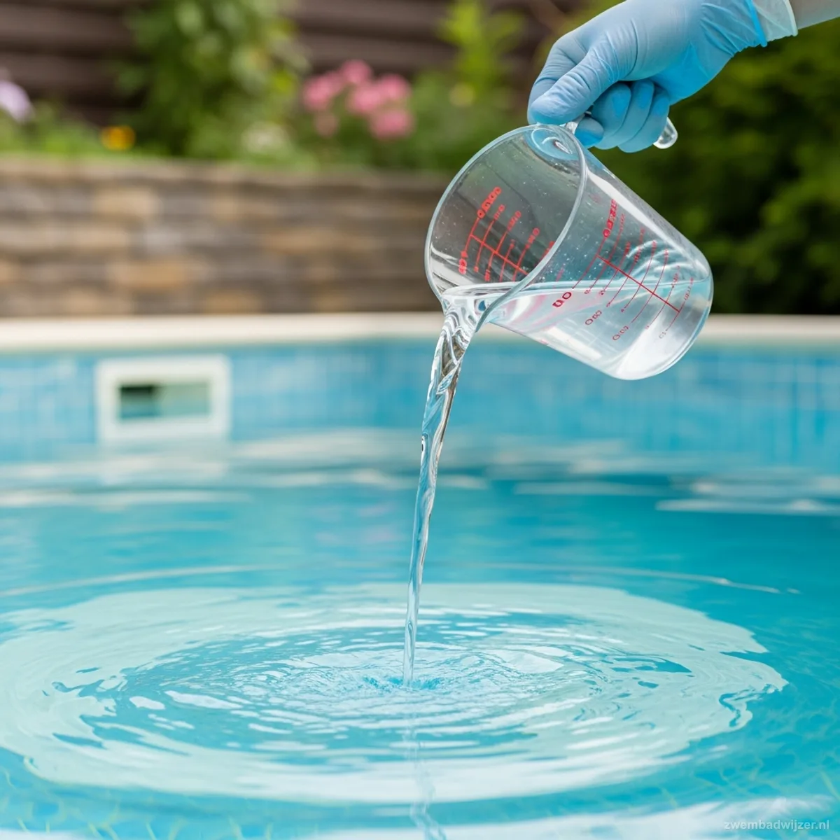 Liquid flocculant being poured into cloudy pool water
